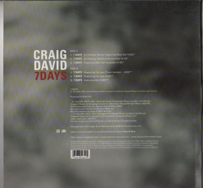 Craig David - 7 Days (Mos Def, DJ Premier, Fat Joe Remixes) 12" vinyl - www.jiggyjamz.com