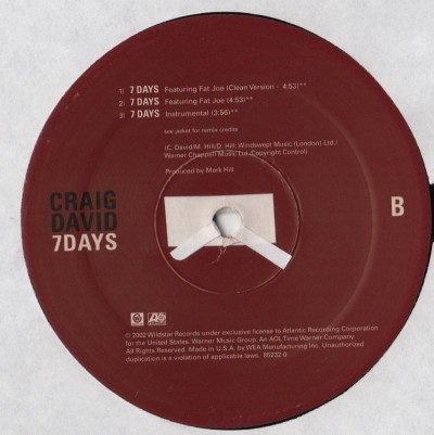 Craig David - 7 Days (Mos Def, DJ Premier, Fat Joe Remixes) 12" vinyl - www.jiggyjamz.com