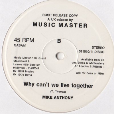 Mike Anthony - Why Can't We Live Together - Disco vinyl record - white vinyl - www.jiggyjamz.com
